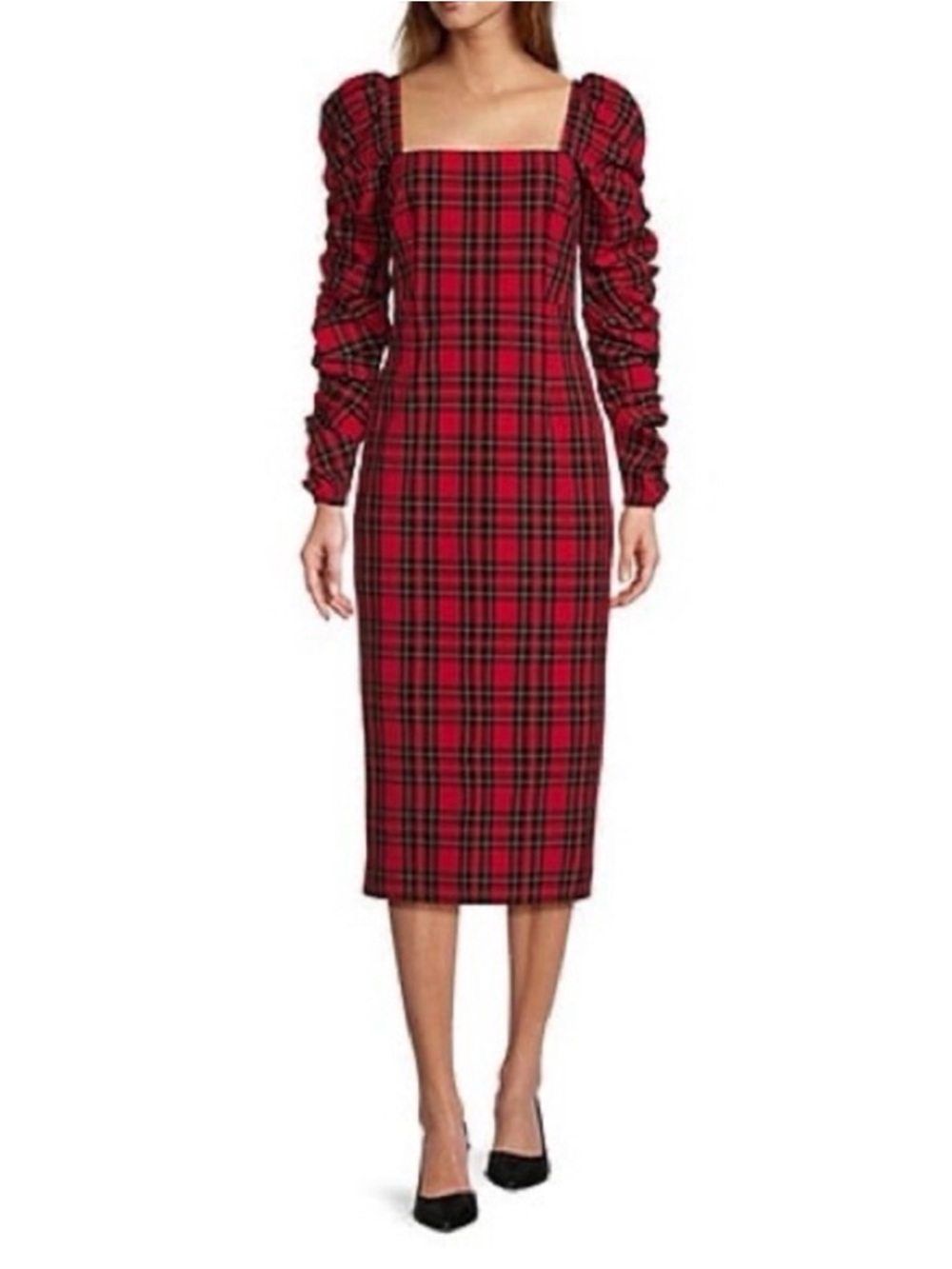ANTONIO MELANI Red Plaid Square-Neck Midi Dress with Ruched Sleeves - Picture 2 of 5